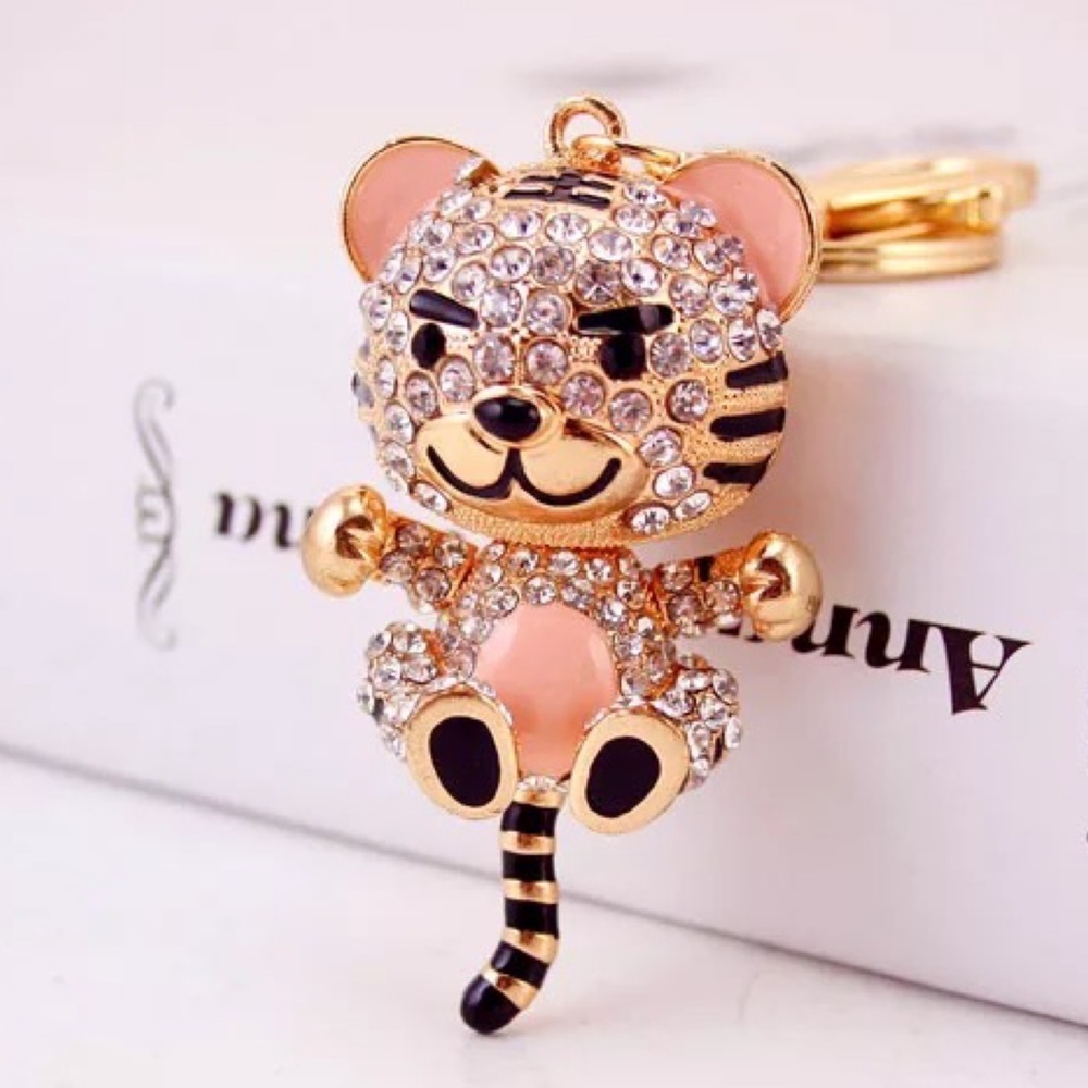 Peach and Silver Crystal Gold Tiger Keychain Charm - Picture 1 of 9